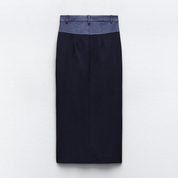 BNWT ZARA CONTRASTING WAIST PENCIL SKIRT NAVY BLUE XS - Picture 4 of 5